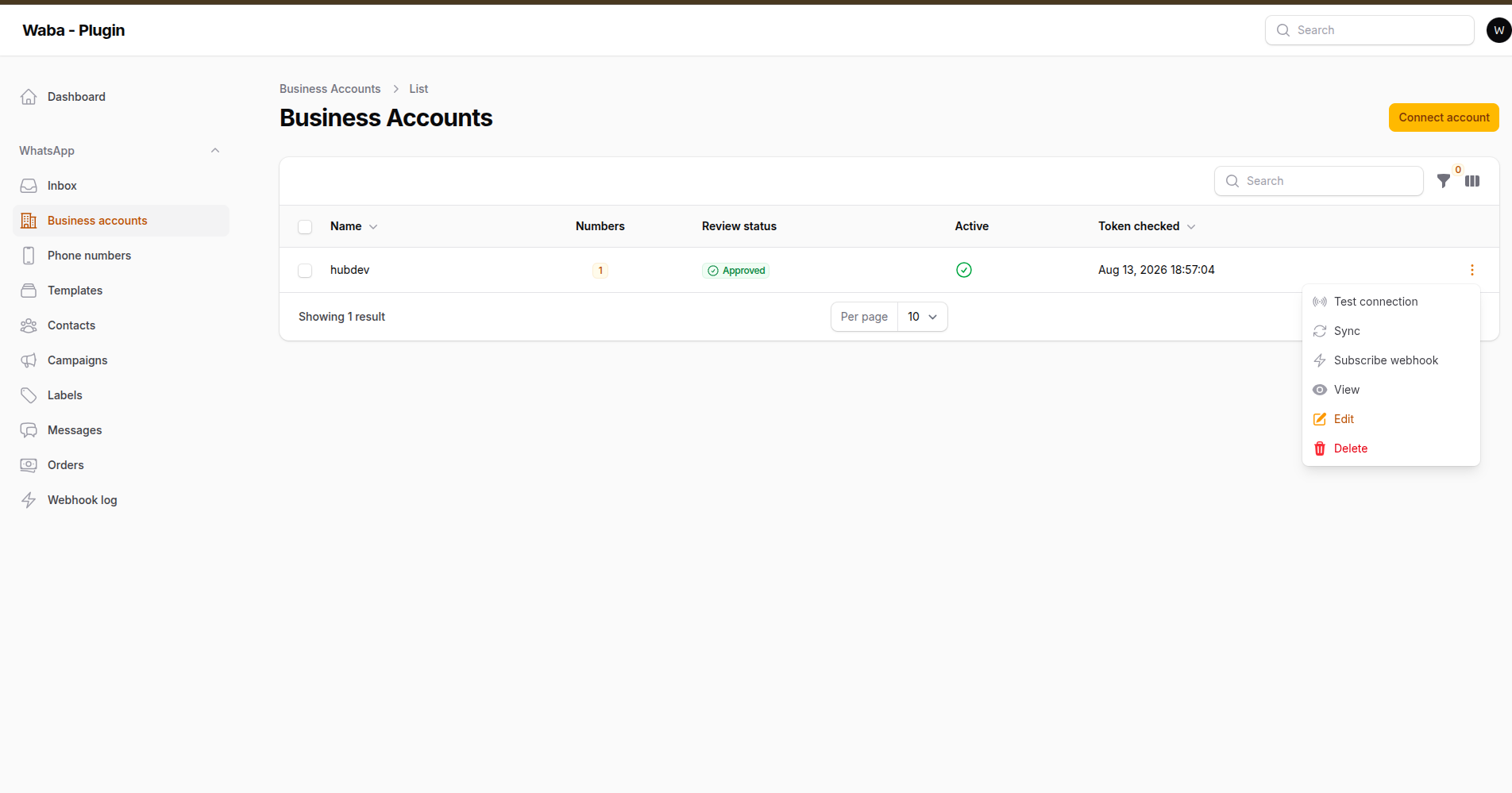 The business accounts list