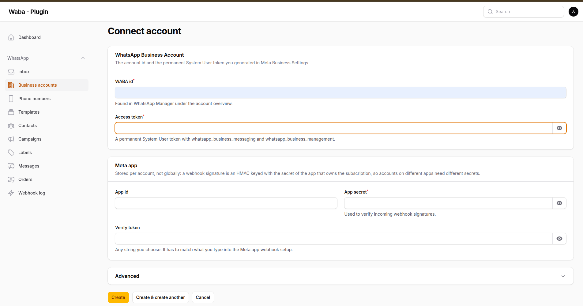The connect account form