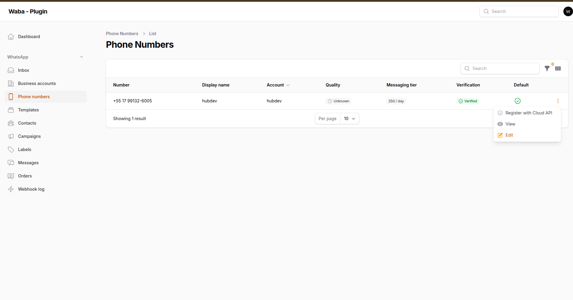 The phone numbers list