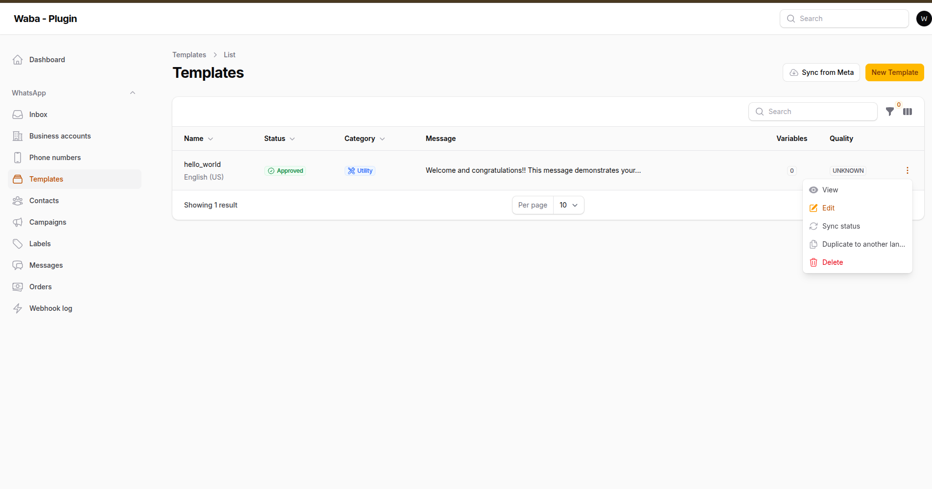 The templates list