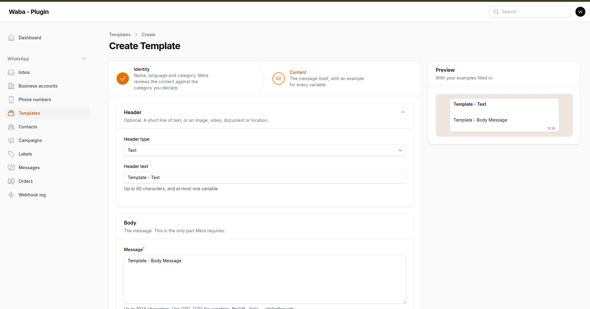 The template builder, second step, with a live preview