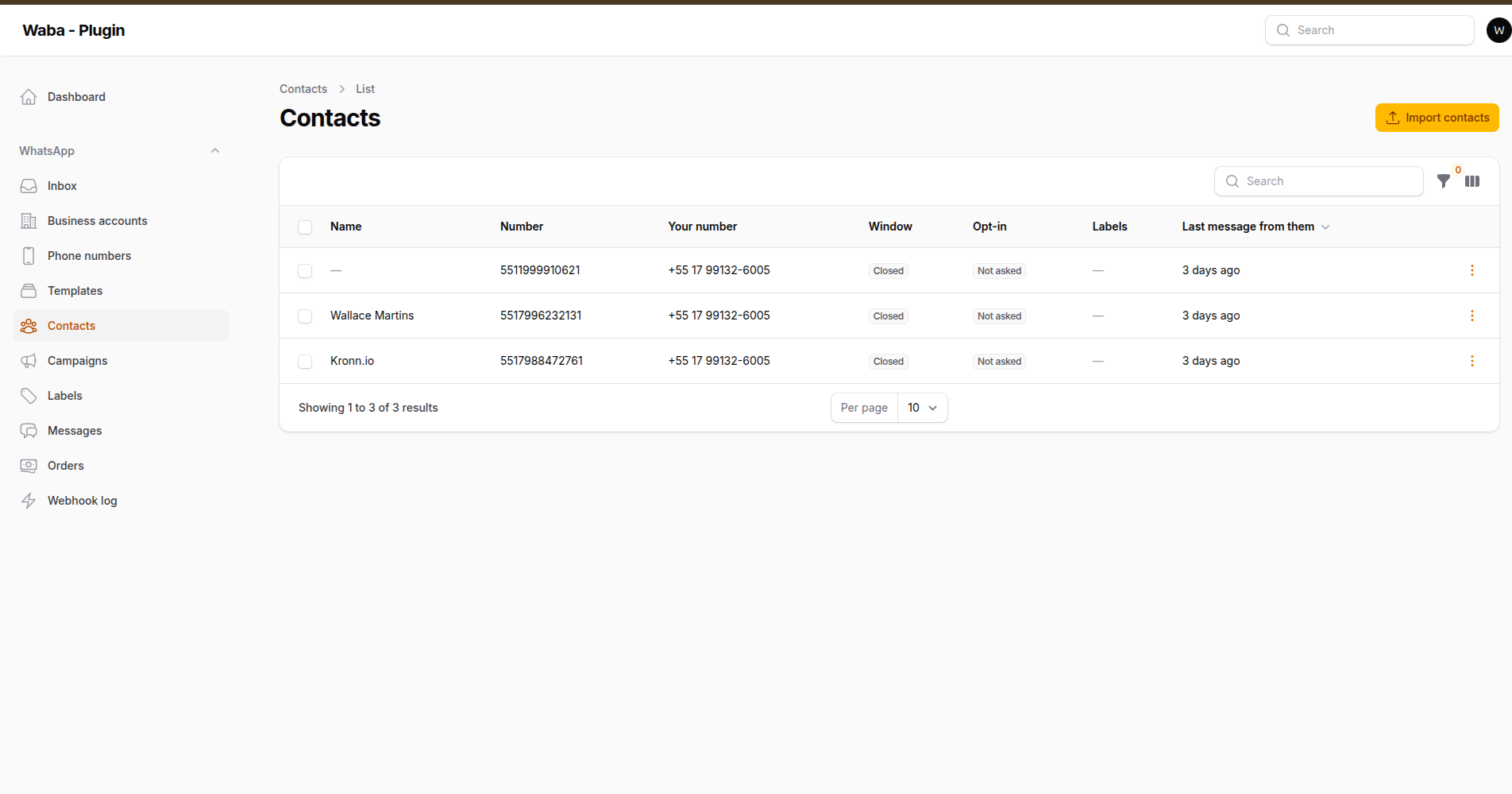 The contacts list