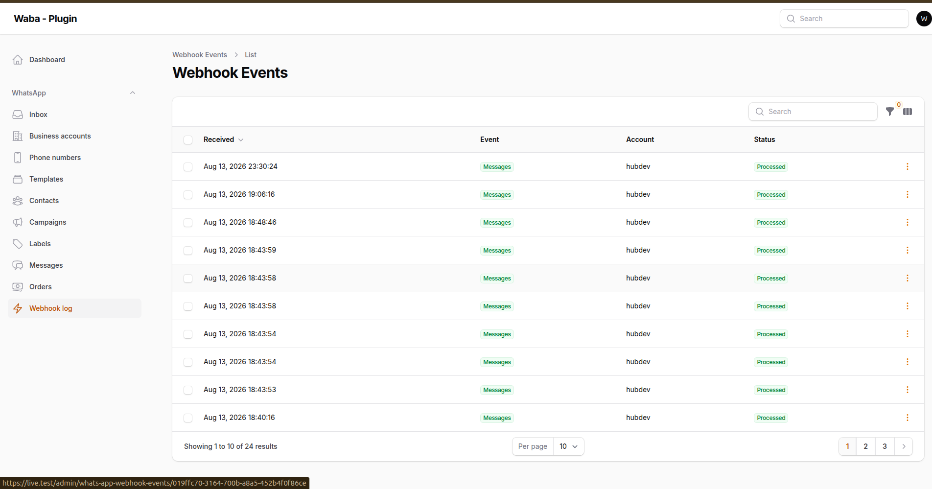 The webhook event log