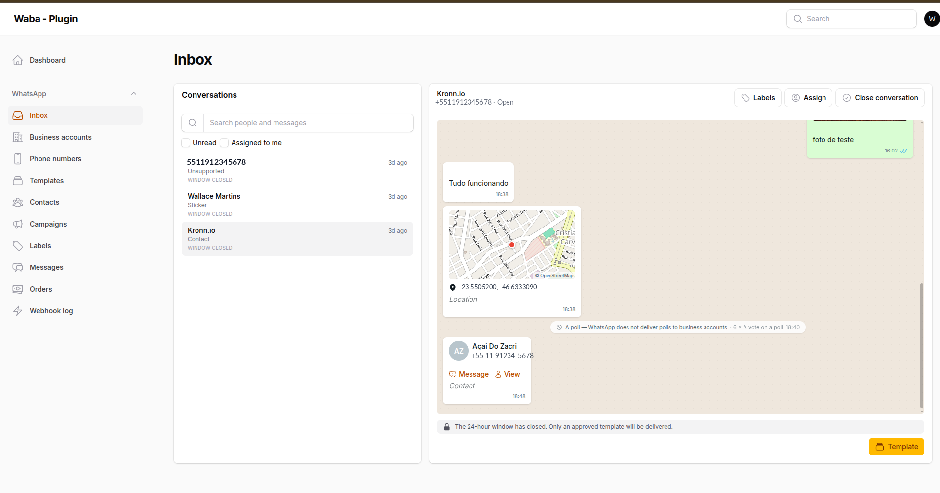 The inbox: a two-pane conversation screen with a location minimap and a shared contact card