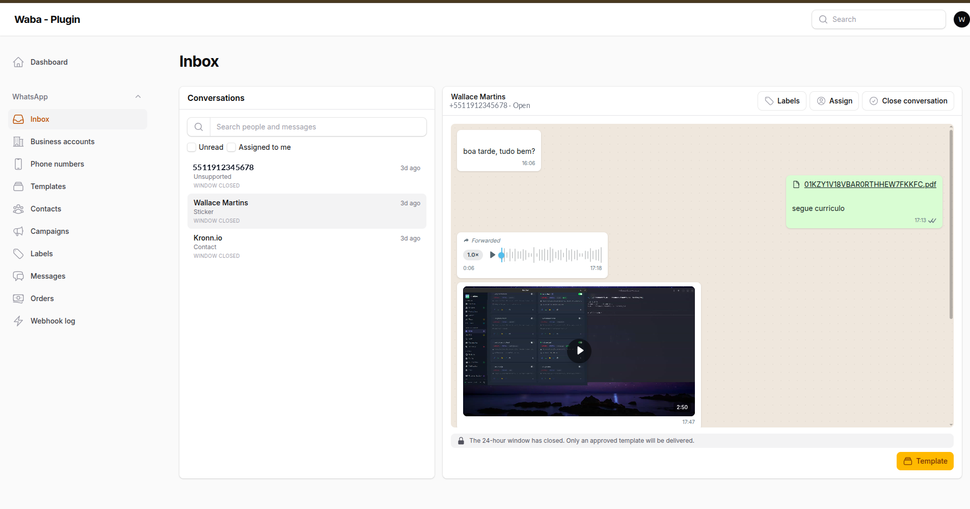 A thread with a voice note, a video and a document